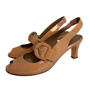 ANYI LU Tulip Peep-Toe Mary Jane Slingback Heels Beige Patent Leather Size 37.5